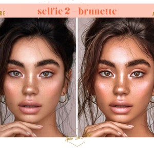 Puede incluir: Foto antes y despu&eacute;s de una mujer con cabello casta&ntilde;o. La foto de la izquierda la muestra con piel natural, mientras que la foto de la derecha la muestra con un tono de piel m&aacute;s bronceado y radiante.