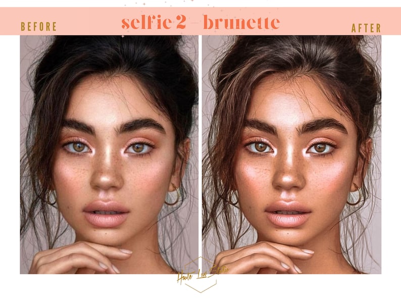 Puede incluir: Foto antes y despu&eacute;s de una mujer con cabello casta&ntilde;o. La foto de la izquierda la muestra con piel natural, mientras que la foto de la derecha la muestra con un tono de piel m&aacute;s bronceado y radiante.