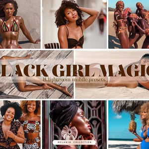 Puede incluir: Un collage de imágenes con mujeres negras en varios entornos. Las imágenes muestran a mujeres en trajes de baño, en la playa y en retratos. El texto "BLACK GIRL MAGIC" y "8 lightroom mobile presets" está superpuesto. Las imágenes tienen un tono cálido y dorado.