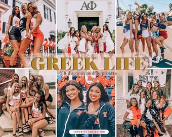 May include: A digital collage of multiple photographs featuring groups of young people in various casual outfits, including white tops, skirts, and jackets. The text GREEK LIFE, 7 LIGHTROOM MOBILE PRESETS, and SORORITY COLLECTION is overlaid on the images.