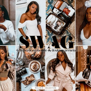 Puede incluir: Un conjunto de cuatro ajustes preestablecidos de Lightroom para dispositivos móviles y de escritorio para editar fotos. Los ajustes preestablecidos están diseñados para realzar la belleza natural de los tonos de piel con melanina. El texto "SWAG" se muestra en letras grandes y en negrita. El texto "MELANIN COLLECTION" se muestra en letras más pequeñas debajo de la palabra "SWAG".