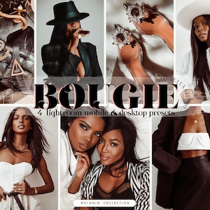 Puede incluir: Un collage de imágenes que presenta cuatro ajustes preestablecidos de Lightroom para dispositivos móviles y de escritorio para editar fotos. Los ajustes preestablecidos se llaman "Bougie" y forman parte de la "Colección Melanin". Las imágenes muestran un bolso negro, una mujer con un sombrero y una chaqueta negros, un par de zapatos de tacón transparentes con pedrería, una mujer con una camisa blanca y dos mujeres con ropa negra y blanca.