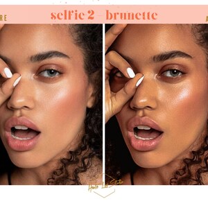 Puede incluir: Foto antes y despu&eacute;s de una persona con cabello casta&ntilde;o. La persona lleva maquillaje en la foto despu&eacute;s. La foto est&aacute; subtitulada "selfie 2 - brunette".