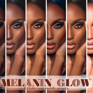 Puede incluir: Un conjunto de 10 ajustes preestablecidos móviles de Lightroom llamados "Melanin Glow" diseñados para mejorar los tonos de piel. Los ajustes preestablecidos se muestran aplicados a una foto de una persona con piel oscura.