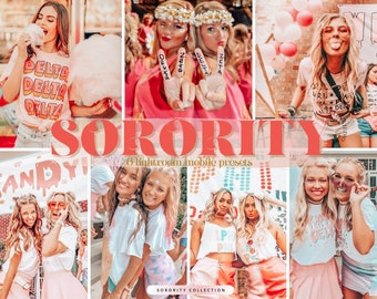 May include: A collage of photos featuring young women wearing sorority shirts and accessories. The photos are in a bright, colorful style and feature a variety of poses and settings. The text "SORORITY" is displayed in large, bold letters across the top of the collage.