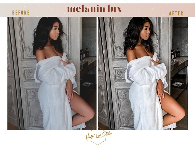 Puede incluir: Una imagen de antes y despu&eacute;s que muestra la diferencia en el tono de piel despu&eacute;s de usar un producto melanin lux. La imagen muestra a una persona con la piel m&aacute;s oscura con una bata blanca de pie frente a una puerta. La imagen de antes muestra el tono de piel de la persona tal como es naturalmente, mientras que la imagen de despu&eacute;s muestra el tono de piel de la persona despu&eacute;s de usar el producto melanin lux. El tono de piel de la persona parece m&aacute;s brillante y m&aacute;s uniforme en la imagen de despu&eacute;s.