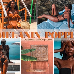 Puede incluir: Imagen promocional con seis fotos de modelos. El texto dice "MELANIN POPPIN" y "6 lightroom mobile presets". Las imágenes muestran modelos en diferentes lugares, destacando diversos tonos de piel y estilos de moda, promocionando una colección.