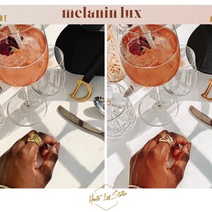 Puede incluir: Una imagen de antes y despu&eacute;s que muestra los efectos de un filtro de edici&oacute;n del tono de piel. La imagen muestra una mano con un anillo de oro, un vaso de bebida rosa y una letra "D" de oro. El texto "melanin lux" se muestra sobre la imagen.