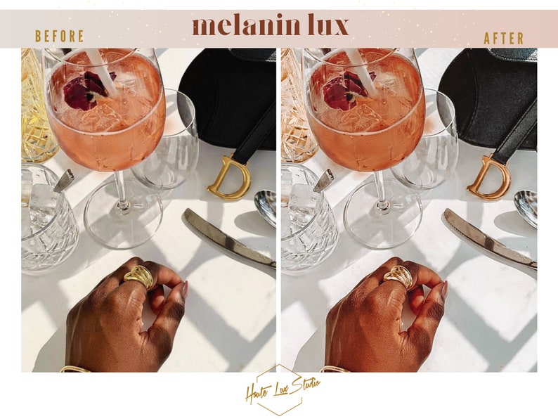 Puede incluir: Una imagen de antes y despu&eacute;s que muestra los efectos de un filtro de edici&oacute;n del tono de piel. La imagen muestra una mano con un anillo de oro, un vaso de bebida rosa y una letra "D" de oro. El texto "melanin lux" se muestra sobre la imagen.