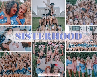 May include: A collage of photos featuring a group of women wearing blue and white clothing. The photos are arranged in a grid pattern and the text "Sisterhood" is written in large, purple letters across the top of the collage. The text "10 Lightroom mobile presets" is written in smaller letters below the word "Sisterhood". The text "Sorority Collection" is written in smaller letters at the bottom of the collage.