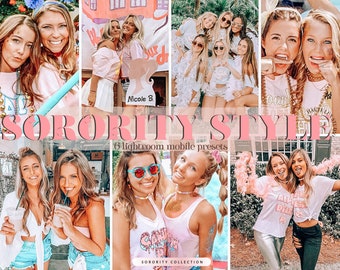 May include: A collage of photos featuring young women wearing sorority shirts and accessories. The photos are in a variety of settings, including outdoors and indoors. The text "SORORITY STYLE" is displayed in pink letters across the top of the collage. The text "6 Lightroom mobile presets" is displayed in white letters below the title. The text "SORORITY COLLECTION" is displayed in white letters at the bottom of the collage.