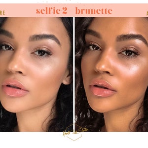 Puede incluir: Foto antes y despu&eacute;s de una persona con cabello casta&ntilde;o. La persona tiene un aspecto natural en la foto de antes y un aspecto m&aacute;s pulido en la foto de despu&eacute;s. El texto "selfie 2 brunette" es visible en la imagen.