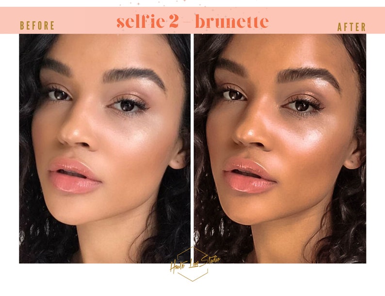 Puede incluir: Foto antes y despu&eacute;s de una persona con cabello casta&ntilde;o. La persona tiene un aspecto natural en la foto de antes y un aspecto m&aacute;s pulido en la foto de despu&eacute;s. El texto "selfie 2 brunette" es visible en la imagen.