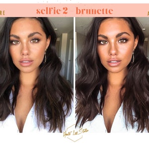 Puede incluir: Foto antes y despu&eacute;s de una mujer con el pelo largo y casta&ntilde;o oscuro. La mujer lleva una camisa blanca y tiene un look de maquillaje natural en la foto de antes. En la foto de despu&eacute;s, el maquillaje de la mujer est&aacute; m&aacute;s definido y su piel parece m&aacute;s uniforme.