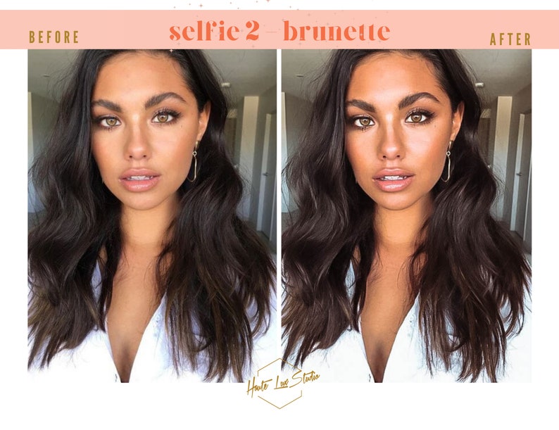Puede incluir: Foto antes y despu&eacute;s de una mujer con el pelo largo y casta&ntilde;o oscuro. La mujer lleva una camisa blanca y tiene un look de maquillaje natural en la foto de antes. En la foto de despu&eacute;s, el maquillaje de la mujer est&aacute; m&aacute;s definido y su piel parece m&aacute;s uniforme.