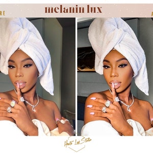 Puede incluir: Foto antes y despu&eacute;s de una persona con una toalla blanca en la cabeza. La persona lleva una bata blanca y tiene un collar y anillos de diamantes en los dedos. El texto "melanin lux" est&aacute; en la parte superior de la imagen.