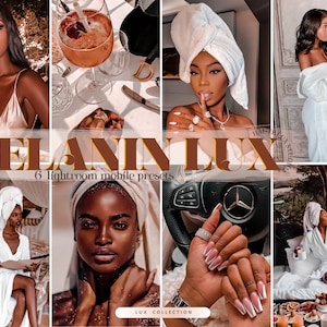 Puede incluir: Un conjunto de 6 presets m&oacute;viles de Lightroom llamados "Melanin Lux" para editar fotos. Los presets est&aacute;n dise&ntilde;ados para mejorar los tonos de piel y crear un aspecto c&aacute;lido y lujoso. La imagen muestra varios modelos con diferentes tonos de piel que utilizan los presets.