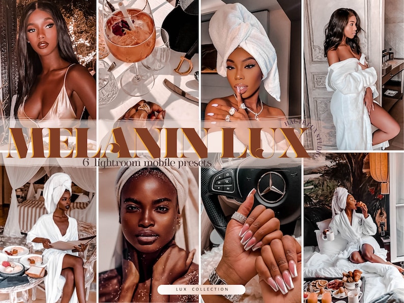 Puede incluir: Un conjunto de 6 presets m&oacute;viles de Lightroom llamados "Melanin Lux" para editar fotos. Los presets est&aacute;n dise&ntilde;ados para mejorar los tonos de piel y crear un aspecto c&aacute;lido y lujoso. La imagen muestra varios modelos con diferentes tonos de piel que utilizan los presets.