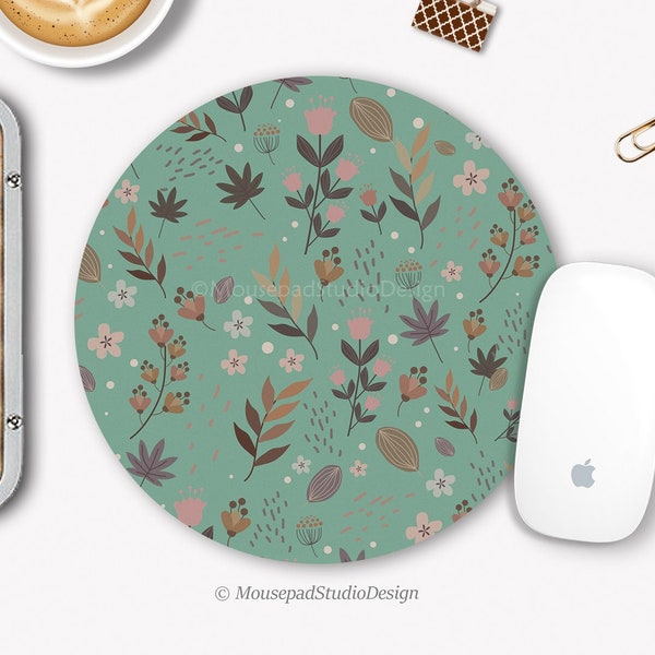Small flowers and leaves mouse pad, Botanical round and rectangular water green desk mat, Office gift, Office decoration