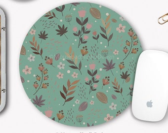 Kleines Mauspad mit Blumen- und Blättermotiv, runde und rechteckige Schreibtischunterlage mit botanischem Muster in Türkis, Bürogeschenk, Bürodekoration
