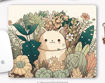 Kawaii cat mouse pad with a background of green plants, ideal for a desk decoration or gift.