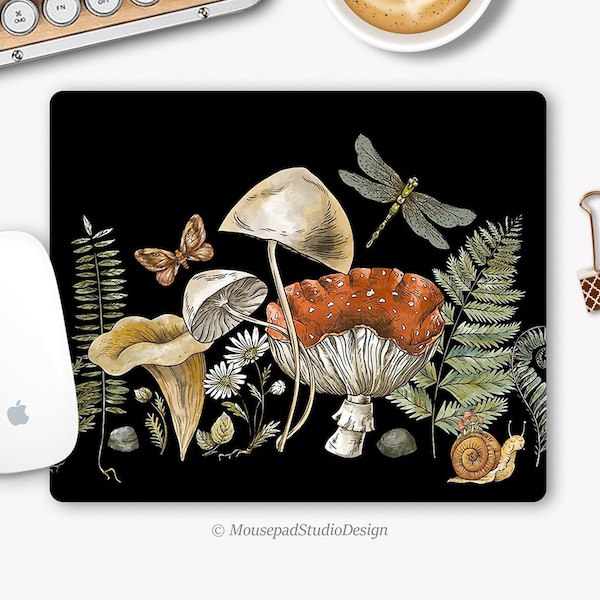 Tapis de souris champignons libellule escargot, Tapis de bureau forestier, Tapis de souris botanique,  Accessoire informatique, Déco bureau