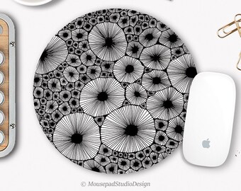Mauspad abstrakte Blumen schwarz-weiß, Grafisches Mauspad, Grafische Büromatte, Computerzubehör, Geschenkidee