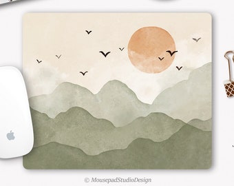 Pastel mouse pad with a beige and green watercolor mountain landscape, rectangle or round, non-slip. Ideal for office decoration.