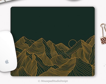 Tapis de souris paysage minimaliste abstrait et graphique de montagnes sur fond vert, rectangle ou rond, antidérapant, décoration de bureau.