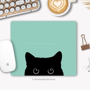 Mouse pad curious black cat blue water green or yellow, rectangular or round, non-slip. For an office decoration or a gift.