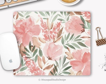 Tapis de souris fleurs roses à l'aquarelle rectangle ou rond antidérapant. Idéal pour la décoration de bureau ou en cadeau.