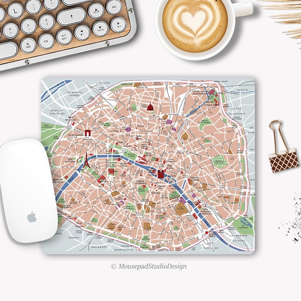 Tapis de souris Plan de Paris, Tapis de souris Carte de Paris, Monuments Paris, Tourisme Paris, Décoration de bureau, Cadeau de bureau