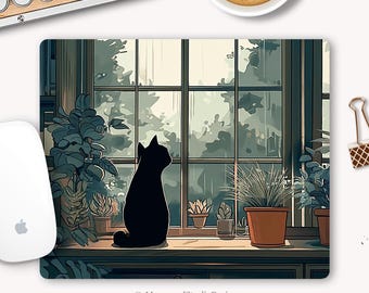 Lofi-Katzen-Mauspad, Anime-Illustration einer schwarzen Katze, rutschfeste Schreibtischunterlage zur Dekoration des Arbeitsplatzes