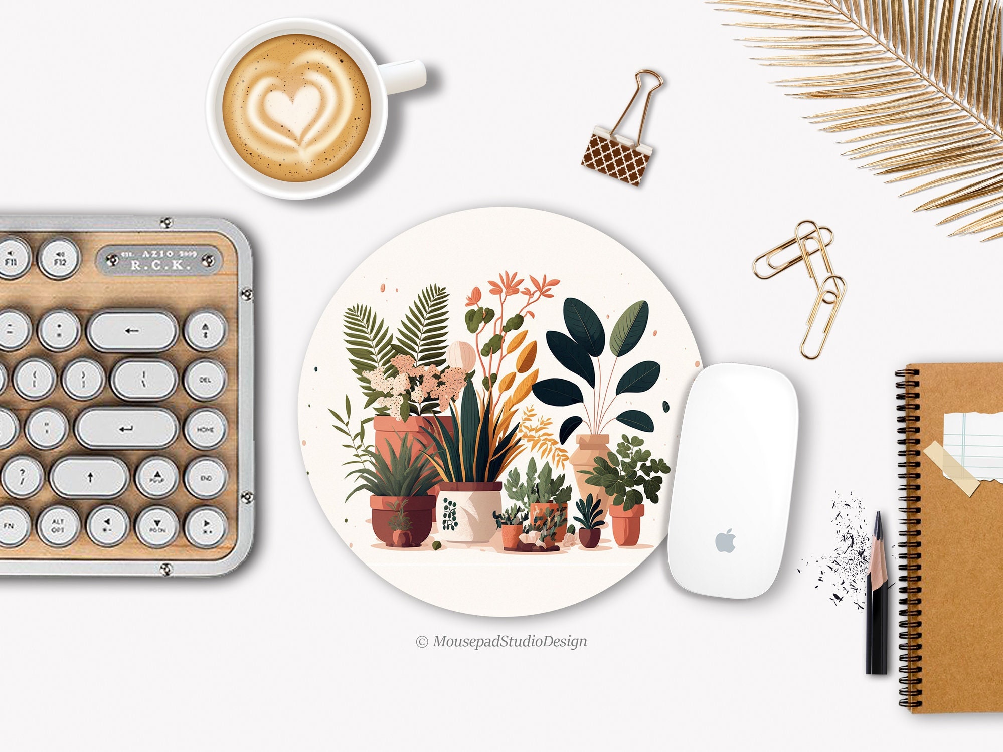 Mouse pad indoor plants illustration boho style, Boho desk mat, Office decoration, Elegant gift for work