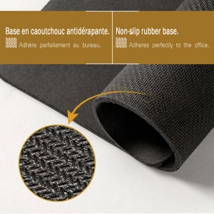 May include: Close-up of a black non-slip rubber mouse pad with a textured surface. The text "Base en caoutchouc antid&eacute;rapante. Adh&egrave;re parfaitement au bureau." and "Non-slip rubber base. Adheres perfectly to the office." is visible in the image.