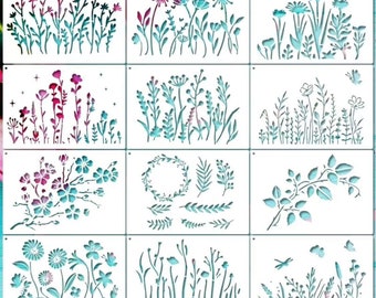 May include: A set of 10 stencils featuring various floral designs. The stencils are made of a white plastic material and are perfect for creating intricate patterns on walls, furniture, and other surfaces.