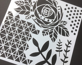 Floral Texture Stencil: Flower, Leaf & Geometric Pattern (20cm)