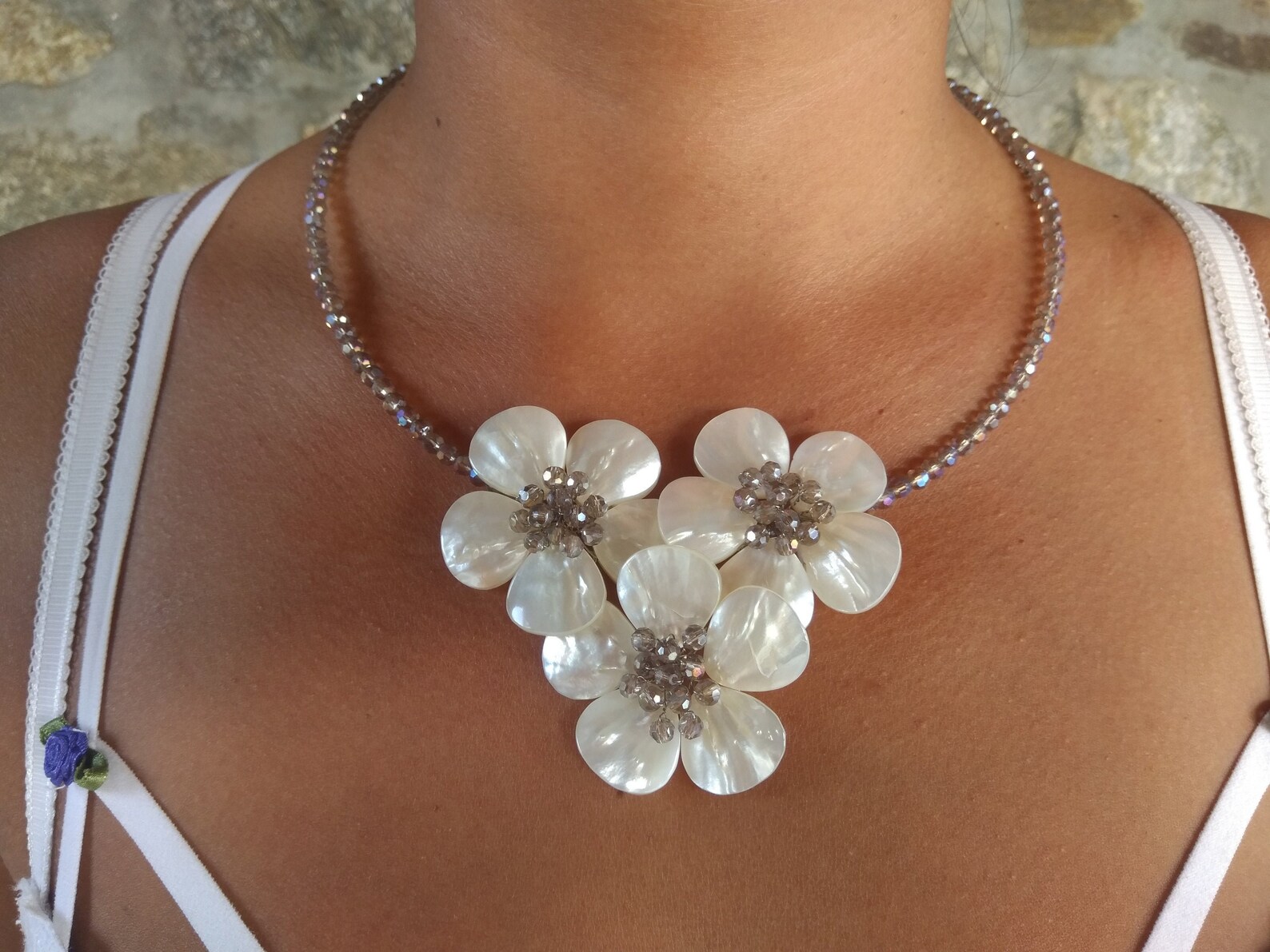 Mother of pearl flower necklace white necklaceflower Etsy