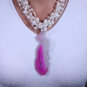Summer pearl pendant necklace, agate pendant necklace,pink stone necklace,pearl necklace,gemstone necklace,pendant choker,statement necklace