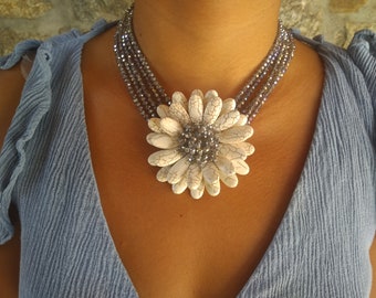 Grey crystal choker necklace,white flower collar necklace ,turquoise stone flower necklace,beaded necklaces,gemstone short necklace