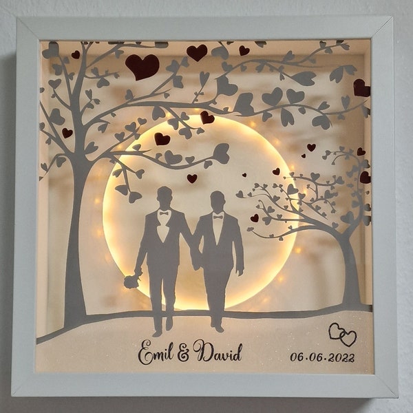 Männliches Paar (er/er) und Mond,beleuchtet, personalisiert, Geschenk zur Hochzeit