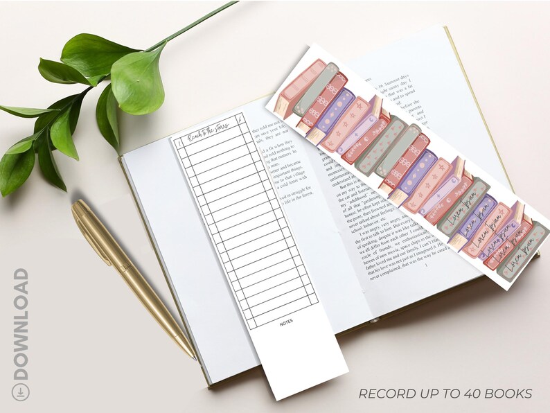 K&ouml;nnte beinhalten: Ein offenes Buch mit zwei Lesezeichen und einem goldenen Stift. Ein Lesezeichen ist eine Leseliste, das andere zeigt einen Stapel bunter B&uuml;cher. Der Text "Record up to 40 books" ist sichtbar.