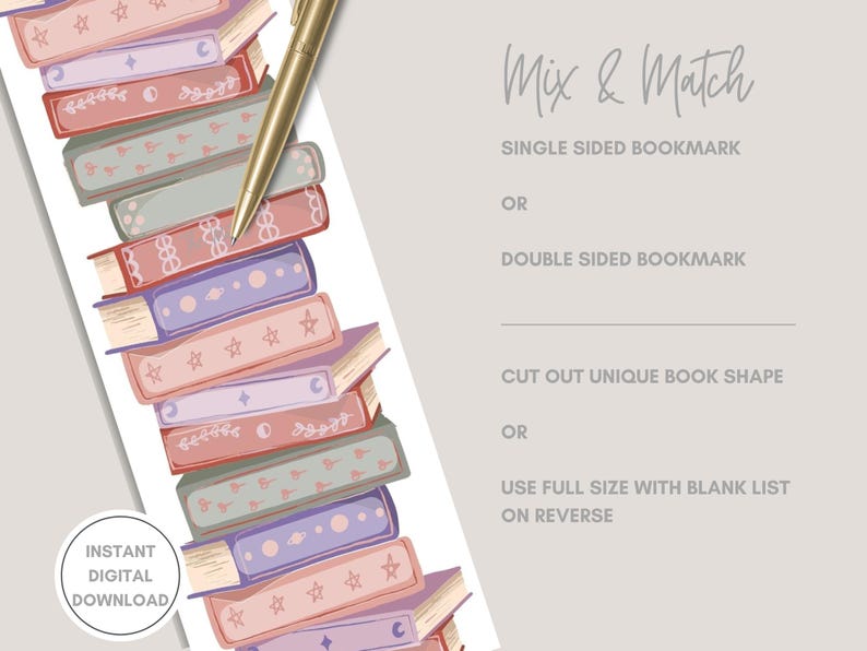 K&ouml;nnte beinhalten: Ein digitales Lesezeichen-Design mit einem Stapel illustrierter B&uuml;cher in Pastellfarben, darunter Rosa, Lila und Gr&uuml;n. Ein goldener Stift liegt auf den B&uuml;chern. Der Text auf dem Bild lautet "Mix & Match" und "Instant Digital Download."