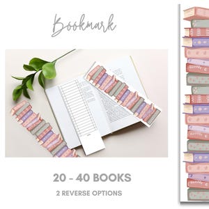 Pode incluir: A imagem mostra um marcador com um design de livros empilhados em rosa, roxo e cinza. A palavra "Bookmark" está escrita em itálico. A imagem também inclui um livro e o texto "20 - 40 Books" e "2 Reverse Options".