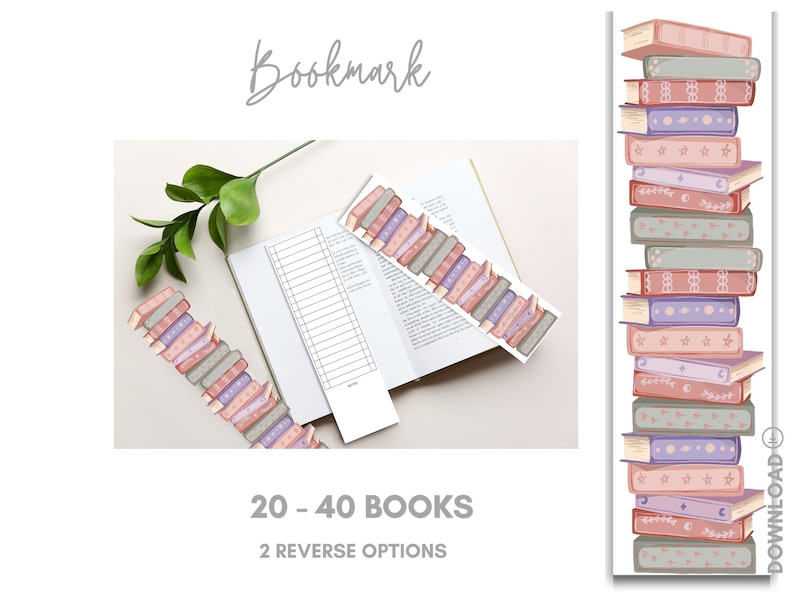 K&ouml;nnte beinhalten: Das Bild zeigt ein Lesezeichen mit einem Design aus gestapelten B&uuml;chern in Rosa, Lila und Grau. Das Wort "Bookmark" ist kursiv geschrieben. Das Bild enth&auml;lt auch ein Buch und den Text "20 - 40 Books" und "2 Reverse Options".