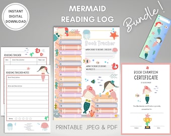 Reading Log Printable, Kids Book Log, Book Tracker, Reading Challenge,Reading Chart, Kids Book Log, Mermaid themed, Reading Log, Reward Log