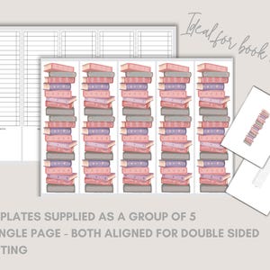 K&ouml;nnte beinhalten: Druckbare Vorlagen mit Illustrationen von B&uuml;cherstapeln in Rosa, Lila und Grau. Die Vorlagen enthalten linierte Seiten und Illustrationen zum Thema B&uuml;cher. Der Text auf dem Bild lautet: "TEMPLATES SUPPLIED AS A GROUP OF 5 & SINGLE PAGE - BOTH ALIGNED FOR DOUBLE SIDED PRINTING."