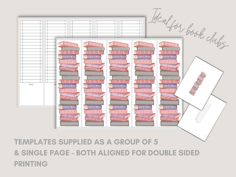 K&ouml;nnte beinhalten: Druckbare Vorlagen mit Illustrationen von B&uuml;cherstapeln in Rosa, Lila und Grau. Die Vorlagen enthalten linierte Seiten und Illustrationen zum Thema B&uuml;cher. Der Text auf dem Bild lautet: "TEMPLATES SUPPLIED AS A GROUP OF 5 & SINGLE PAGE - BOTH ALIGNED FOR DOUBLE SIDED PRINTING."