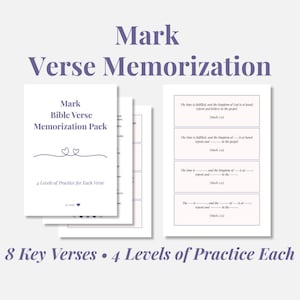 May include: White Mark Bible Verse Memorization Pack cards with purple text. The cards feature 8 key verses and 4 levels of practice each. The title "Mark Verse Memorization" is displayed at the top of the image.