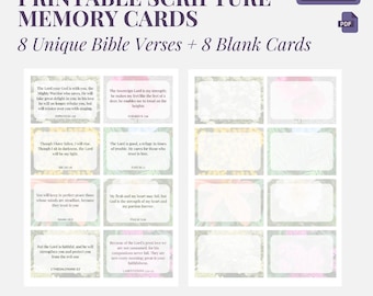 May include: Printable Scripture Memory Cards featuring 8 unique Bible verses and 8 blank cards. The cards have a floral border design and are available as an instant PDF download. The text on the cards includes various Bible verses.